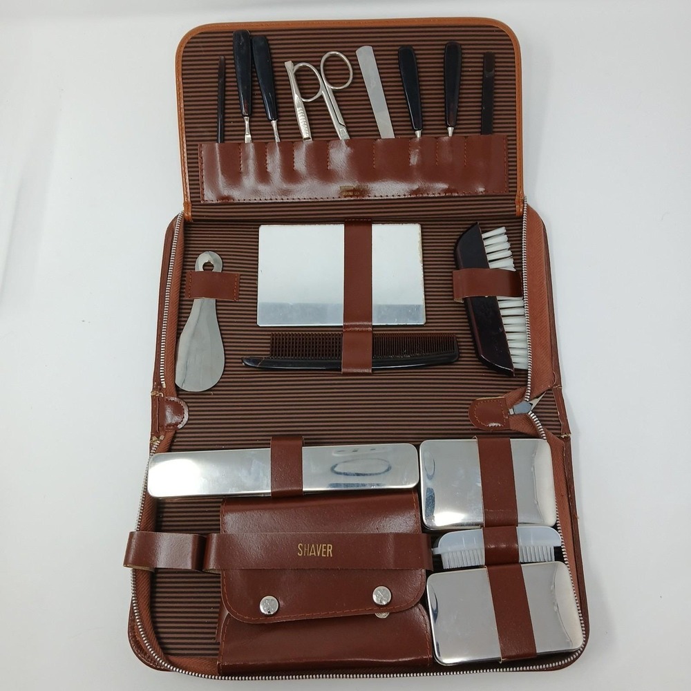 Vintage Mens Travel Grooming Kit Vanity Case Set in Leather Brown Zipper Case